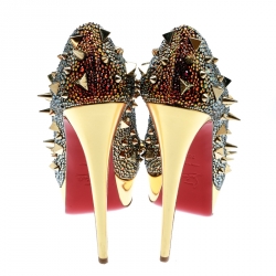 Christian Louboutin Multicolor Crystal And Spike Embellished Lady Peep Toe Platform Pumps Size 39.5