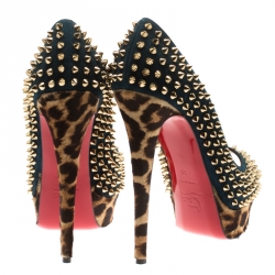 Pre Owned Christian Louboutin Blue Suede and Leopard Pony Hair Spiked Lady Peep Toe Platform Pumps Size 40