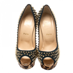 Pre Owned Christian Louboutin Blue Suede and Leopard Pony Hair Spiked Lady Peep Toe Platform Pumps Size 40