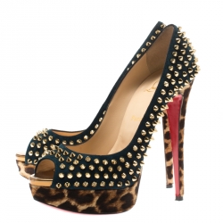 Pre Owned Christian Louboutin Blue Suede and Leopard Pony Hair Spiked Lady Peep Toe Platform Pumps Size 40