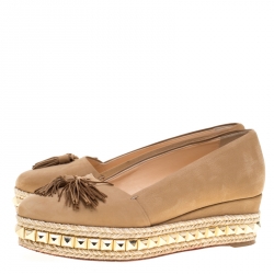 Pre Owned Christian Louboutin Nubuck Leather Carmel CA Wedge Espadrille Size 37