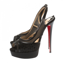 مملوكة مسبقًا Christian Louboutin Black Mesh And Leather Trim Marina Slingback Platform Sandals Size 39.5