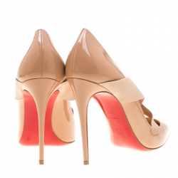 Pre Owned Christian Louboutin Beige Patent Leather Sharpstagram Cross Strap Pointed Toe Pumps Size 39.5