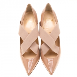 Pre Owned Christian Louboutin Beige Patent Leather Sharpstagram Cross Strap Pointed Toe Pumps Size 39.5