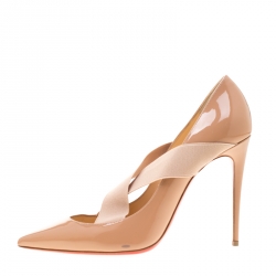Pre Owned Christian Louboutin Beige Patent Leather Sharpstagram Cross Strap Pointed Toe Pumps Size 39.5