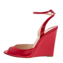 Pre Owned Christian Louboutin Red Patent Very Very Ankle Strap Wedges Size 38
