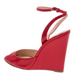 Pre Owned Christian Louboutin Red Patent Very Very Ankle Strap Wedges Size 38