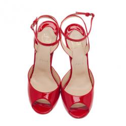 Pre Owned Christian Louboutin Red Patent Very Very Ankle Strap Wedges Size 38
