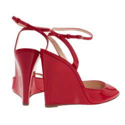 Pre Owned Christian Louboutin Red Patent Very Very Ankle Strap Wedges Size 38