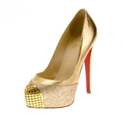 Pre Owned Christian Louboutin Maggie Glitter & Snake Platform Pumps Size 37