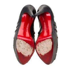 Pre Owned Christian Louboutin Black Leather Maralla Studded Cut Out Platform Ankle Booties Size 39