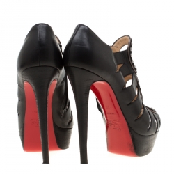 Pre Owned Christian Louboutin Black Leather Maralla Studded Cut Out Platform Ankle Booties Size 39