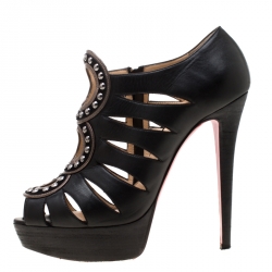 Pre Owned Christian Louboutin Black Leather Maralla Studded Cut Out Platform Ankle Booties Size 39