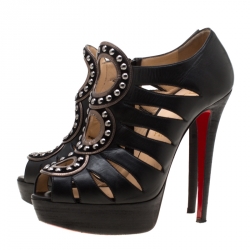 Pre Owned Christian Louboutin Black Leather Maralla Studded Cut Out Platform Ankle Booties Size 39
