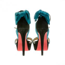 مملوكة مسبقًا Christian Louboutin Turquoise Vampanodo Satin Bow Sandals Size 37