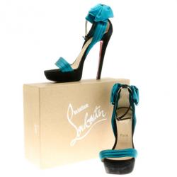 مملوكة مسبقًا Christian Louboutin Turquoise Vampanodo Satin Bow Sandals Size 37