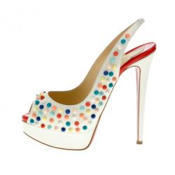 Pre Owned Christian Louboutin White Leather Lady Peep Multicolor Spikes Slingback Sandals Size 37.5
