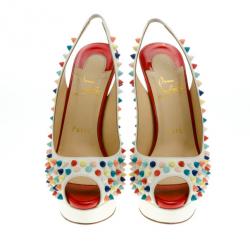 Pre Owned Christian Louboutin White Leather Lady Peep Multicolor Spikes Slingback Sandals Size 37.5