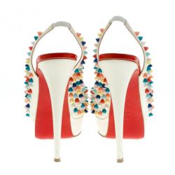 Pre Owned Christian Louboutin White Leather Lady Peep Multicolor Spikes Slingback Sandals Size 37.5