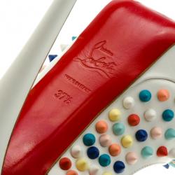 Pre Owned Christian Louboutin White Leather Lady Peep Multicolor Spikes Slingback Sandals Size 37.5