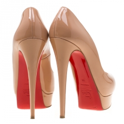 Pre Owned Christian Louboutin Beige Patent Leather Lady Peep Toe Platform Pumps Size 39
