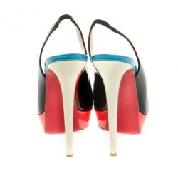 Pre Owned Christian Louboutin Tricolore Bianca Platform Slingback Sandals Size 39.5