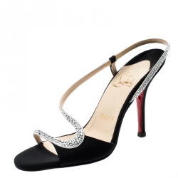 Christian Louboutin Black Satin Alta Perla Crystal Embellished