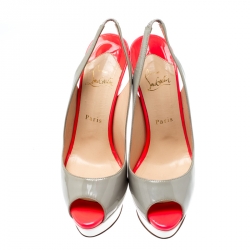 Pre Owned Christian Louboutin Tricolor Patent Leather Lady Peep Toe Platform Slingback Sandals Size 38