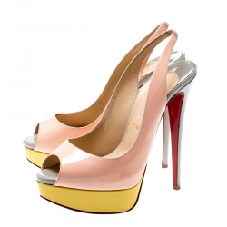 Pre Owned Christian Louboutin Multicolor Patent Leather Lady Peep Toe Platform Slingback Sandals Size 38