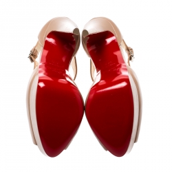 مملوكة مسبقًا Christian Louboutin Beige Leather Buckle T-strap Peep Toe Platform Sandals Size 37.5