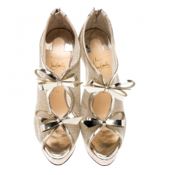 Pre Owned Christian Louboutin Metallic Gold Leather And Mesh Empiralta Bow Open Toe Ankle Booties Size 39