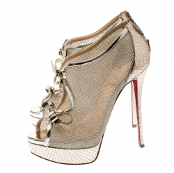 Pre Owned Christian Louboutin Metallic Gold Leather And Mesh Empiralta Bow Open Toe Ankle Booties Size 39