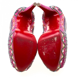 Pre Owned Christian Louboutin Pink Embroidered Suede Peep Toe Platform Pumps Size 38