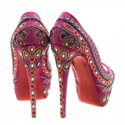 Pre Owned Christian Louboutin Pink Embroidered Suede Peep Toe Platform Pumps Size 38