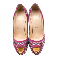 Pre Owned Christian Louboutin Pink Embroidered Suede Peep Toe Platform Pumps Size 38