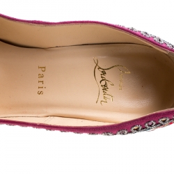 Pre Owned Christian Louboutin Pink Embroidered Suede Peep Toe Platform Pumps Size 38