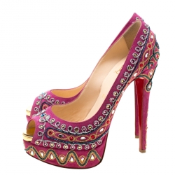 Pre Owned Christian Louboutin Pink Embroidered Suede Peep Toe Platform Pumps Size 38