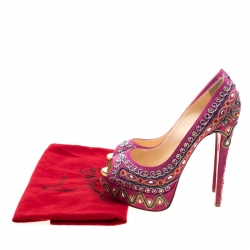 Pre Owned Christian Louboutin Pink Embroidered Suede Peep Toe Platform Pumps Size 38