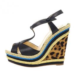مملوكة مسبقًا Christian Louboutin Black Leather T Strap Trotolita Wedges Size 39