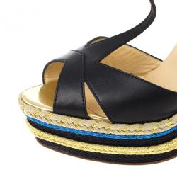 مملوكة مسبقًا Christian Louboutin Black Leather T Strap Trotolita Wedges Size 39