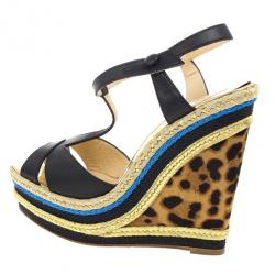 مملوكة مسبقًا Christian Louboutin Black Leather T Strap Trotolita Wedges Size 39