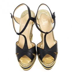 مملوكة مسبقًا Christian Louboutin Black Leather T Strap Trotolita Wedges Size 39