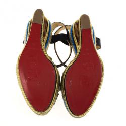 مملوكة مسبقًا Christian Louboutin Black Leather T Strap Trotolita Wedges Size 39