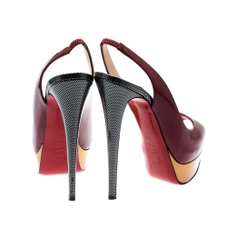 Pre Owned Christian Louboutin Burgundy Patent Leather Lady Peep Sling Platform Sandals Size 38