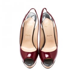 Pre Owned Christian Louboutin Burgundy Patent Leather Lady Peep Sling Platform Sandals Size 38