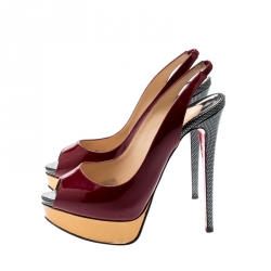 Pre Owned Christian Louboutin Burgundy Patent Leather Lady Peep Sling Platform Sandals Size 38