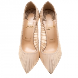 Pre Owned Christian Louboutin Beige Pleated Silk Crepe Pointed Toe Pumps Size 39