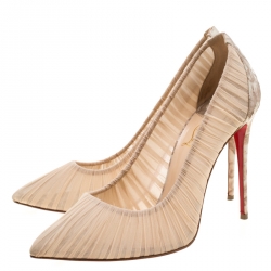 Pre Owned Christian Louboutin Beige Pleated Silk Crepe Pointed Toe Pumps Size 39
