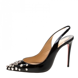 Pre Owned Christian Louboutin Black Patent Leather Drama Studded Slingback Sandals Size 35.5