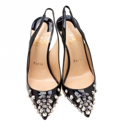 Pre Owned Christian Louboutin Black Patent Leather Drama Studded Slingback Sandals Size 35.5